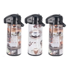 Tre termoskannor med pumpar, kaffemotiv, svart topp, cylindrisk form, bred botten, 1,9 L.